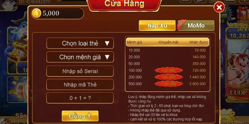 Nạp tiền theo phương thức phù hợp vào hệ thống